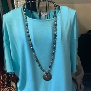 Peacock & silver cultured FW pearl and MOP disc necklace